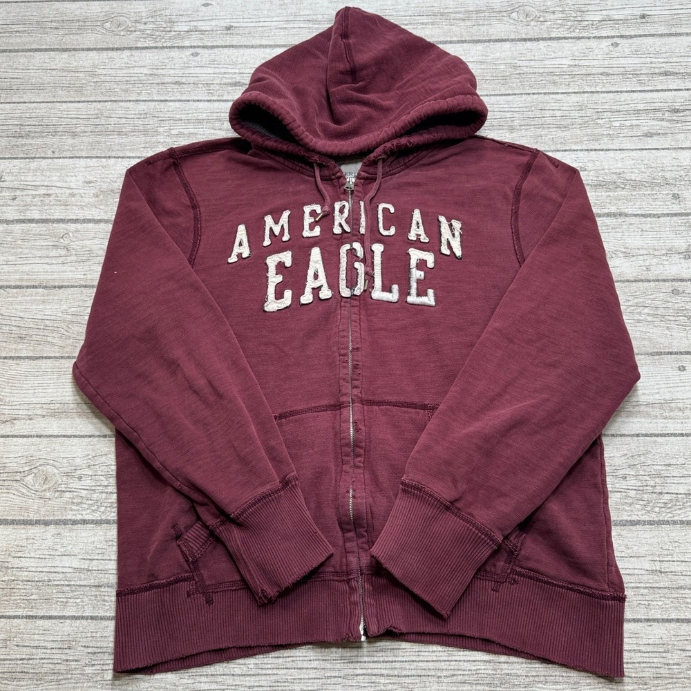 Y2K American Eagle Hoodie Mens XL Burgundy Zip Up Streetwear Distressed Thrashed